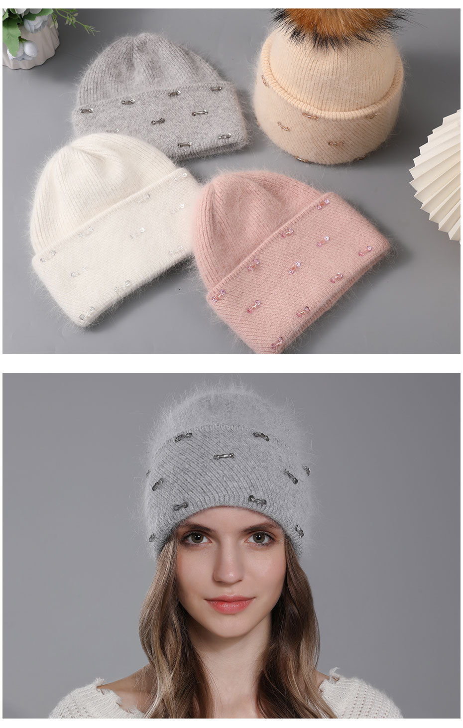 Poils de lapin tricotés pour enfants, mode chaude d'hiver. La laine est polyvalente pour les femmes avec des bords retournés et un double pli_voghion.com