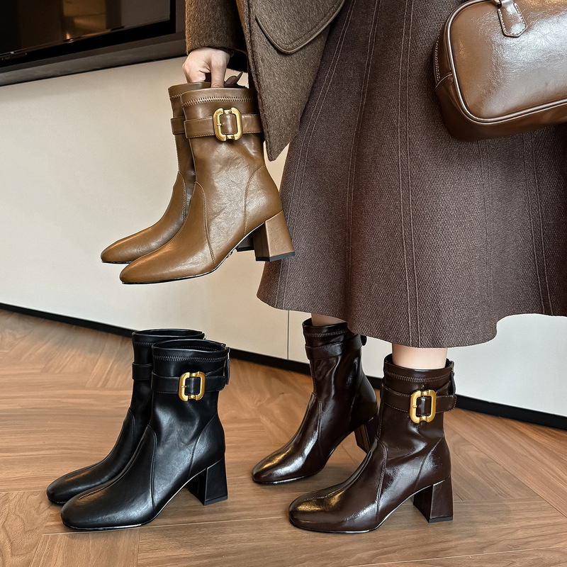 Korean Style Nude Boots 2025 New Style Cowhide Thick Medium Heel Boots Fashionable Boots Elegant New Year Style Elegant Short Boots 40 Korean Style Nude Boots 2025 New Style Cowhide Thick Medium Heel Boots Fashionable Boots Elegant New Year Style Elegant Short Boots 40