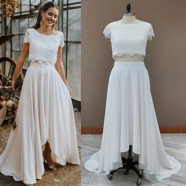 Cross-border foreign trade off-shoulder slimming two-piece lace wedding dress with satin back slit, personalized for travel photography, lightweight and elegant Cross-border foreign trade off-shoulder slimming two-piece lace wedding dress with satin back slit, personalized for travel photography, lightweight and elegant