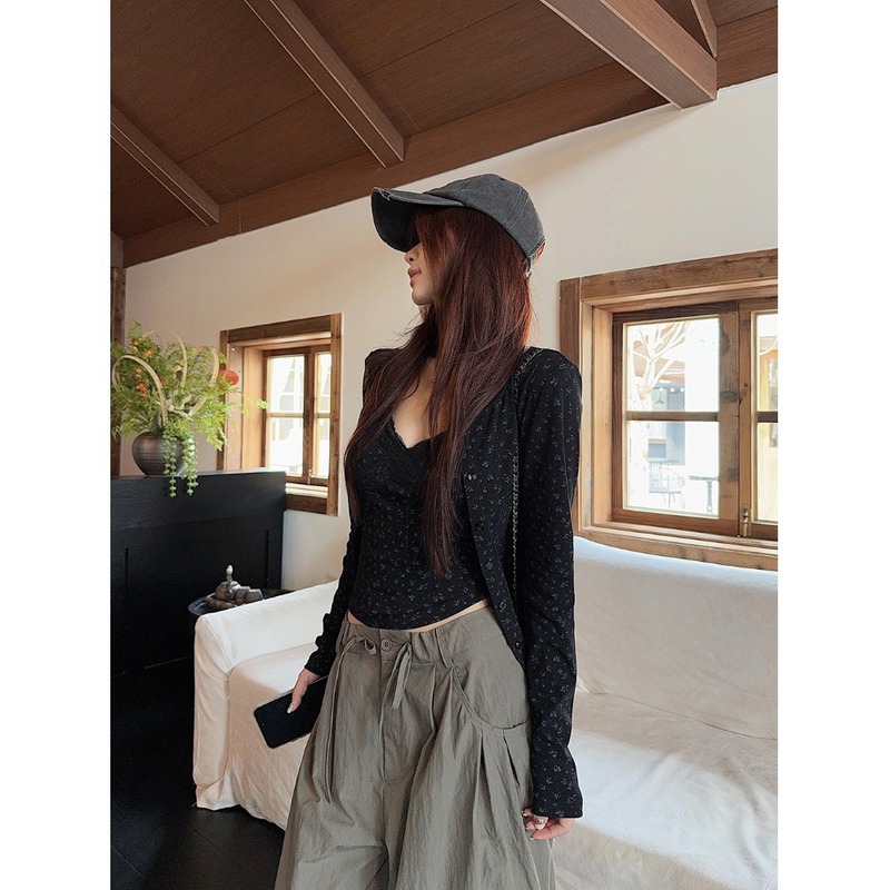 Goo Goo Eyes蕾丝碎花吊带背心长袖开衫套装早秋修身显瘦两件套女|undefined