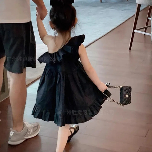 Girls' Sleeveless Summer Dress New Arrival Off-the-Shoulder Children's Stylish Black Princess Dress Baby Formal Dress