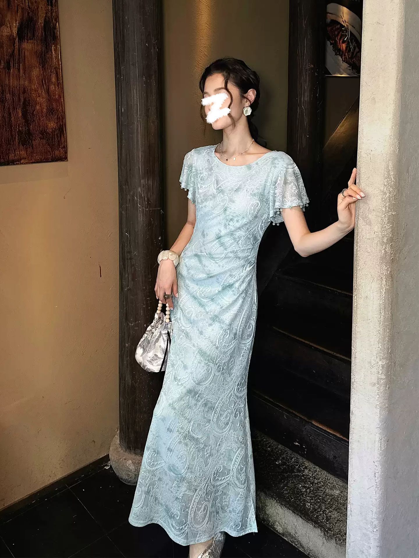 Đầm maxi nữ thắt eo hoa văn thêu ren tua rua mùa hè — Màu vàng, Xanh lam chi tiết 1