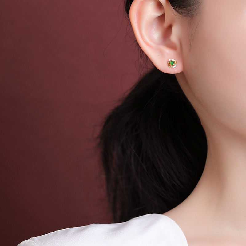 Bông tai nữ mạ vàng bạc S925 đính ngọc bích rỗng hoa tinh tế — Kiểu màu bạc