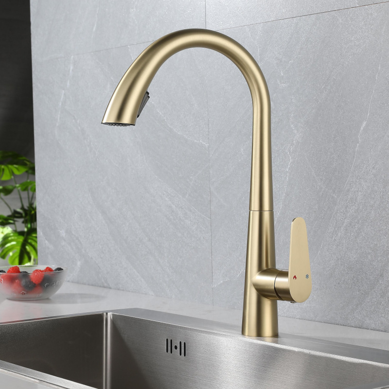 304 Stainless Steel Kitchen Pull-Out Faucet Brushed Gold Sink Swivel Retractable Swan Hot and Cold Water Faucet