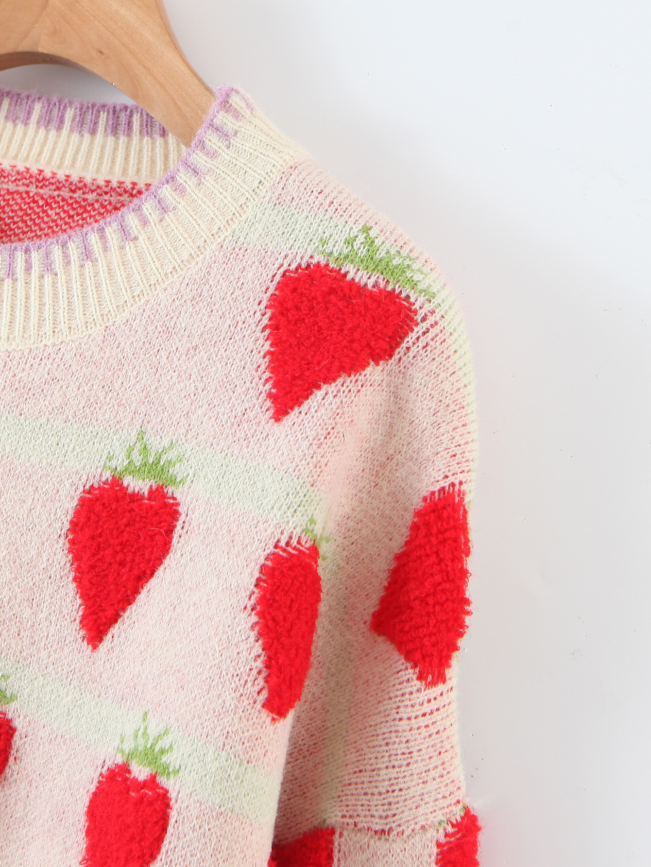 Strawberry Embroidery Round Neck Long-Sleeved Pullover Sweater NSSX73216