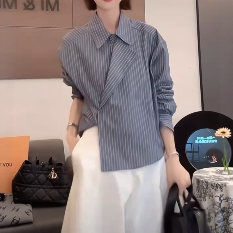 Plus-Size Irregular Long-Sleeve Shirt for Women, Spring 2026 New Style, Slimming Loose Trendy Blouse, Unique Top