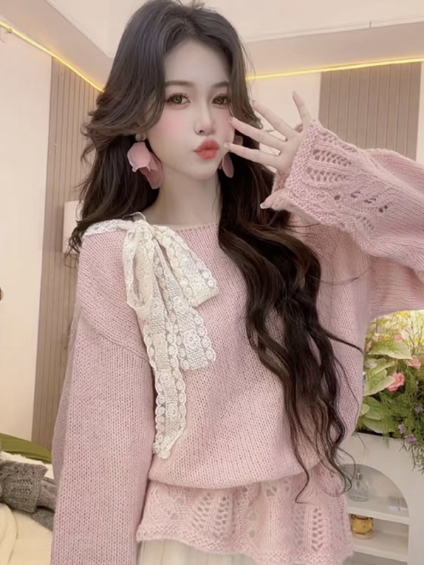 慵懒风镂空长袖针织衫女秋季2025新款蝴蝶结设计减龄小衫时尚上衣|undefined