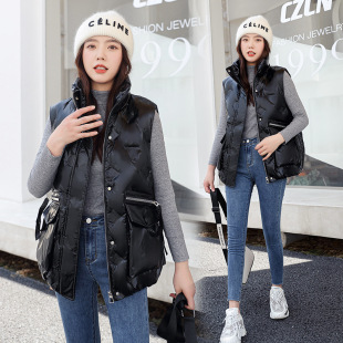 2024 Wash-Free Bright Down Cotton Vest Women's Korean-Style Loose Vertical Collar Embroidered Vest Autumn and Winter Outer Wear Slimming Jacket