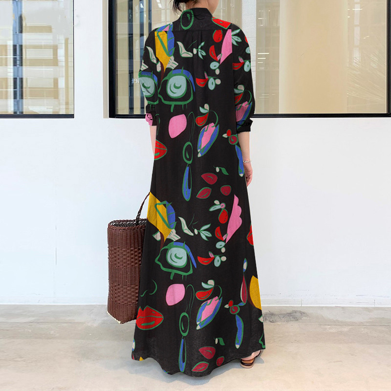 Regular Sleeve Sleeve Type Wholesale Women's Vintage Style Bohemian Commute Style Printing Printing Office Indoor Daily Turndown Long Sleeve Swing Dress
