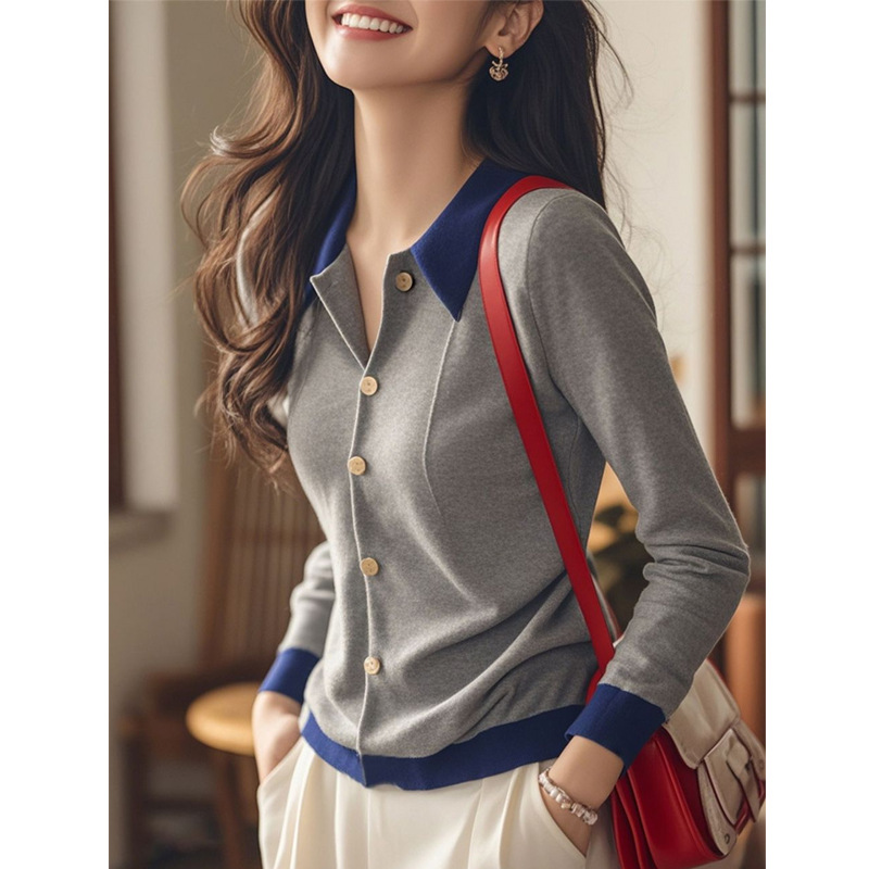 고급 회색 스티칭 스웨터 여성의 가을과 겨울 새로운 외국 스타일의 기본 스웨터 디자인 틈새 폴로 칼라 탑
