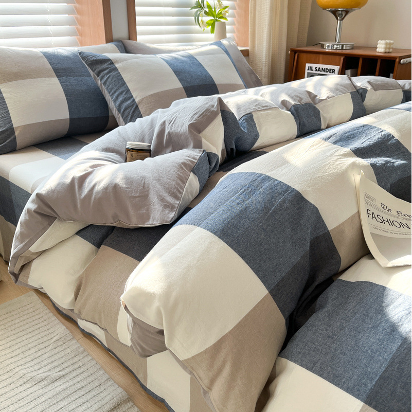 Juego de cuatro piezas de algodón lavado teñido en hilo para estudiantes 2025 nuevo juego de sábanas de edredón de dormitorio de estudiantes de tres piezas