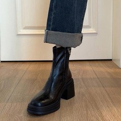 软皮版~复古厚底增高马丁靴女弹力瘦瘦靴英伦风简约通勤短靴