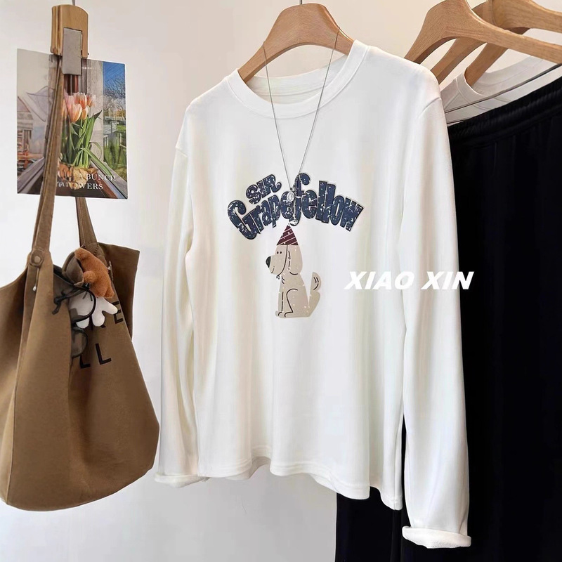Korean Cute Hooded Puppy Glutinous Rice Cotton Brushed Long-Sleeved T-Shirt Women's Autumn and Winter Loose Bottoming Top Korean Cute Hooded Puppy Glutinous Rice Cotton Brushed Long-Sleeved T-Shirt Women's Autumn and Winter Loose Bottoming Top