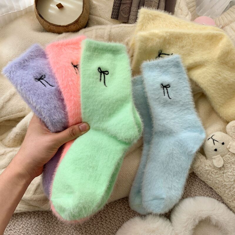 秋冬款彩色蝴蝶结刺绣女袜加绒加厚保暖袜居家地板中筒袜睡眠袜子|undefined