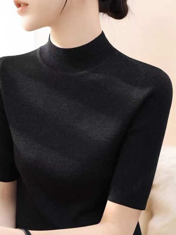 French-Style High-End Solid Color Knit Sweater for Women, New Thin Model for Spring and Summer, Half-High Collar, Five-Quarter Sleeves, Slim-Fit Base Layer Top French-Style High-End Solid Color Knit Sweater for Women, New Thin Model for Spring and Summer, Half-High Collar, Five-Quarter Sleeves, Slim-Fit Base Layer Top