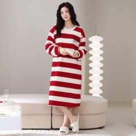 秋冬新款半边绒女长袖睡裙加厚保暖休闲女家居服图片色弹力丝麻棉