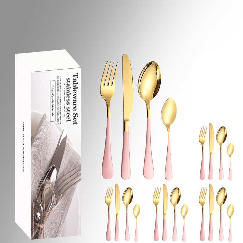 Amazon productos calientes de acero inoxidable vajilla 24 unidades traje 1010 cuatro piezas principales caja simple comida occidental cuchillo, tenedor y cuchara