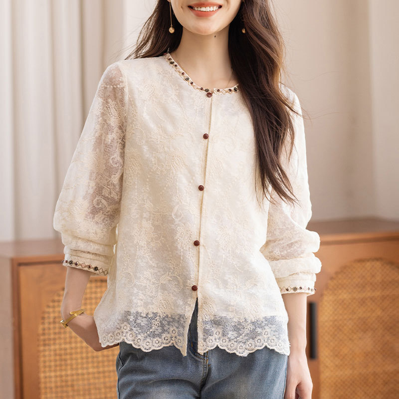 French Lace Shirt, Bohemian Style Heavy Embroidery Shirt, Lace Round Neck, Loose Long-Sleeved Top for Women