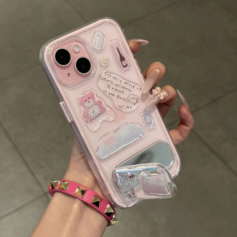 滴胶粉熊贴纸适用苹果iPhone17/16pro手机壳15二合一13镜子支架14|undefined