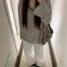 原版色织雪花韩系松弛慵懒条纹防晒t恤女长袖薄上衣空调罩衫秋季