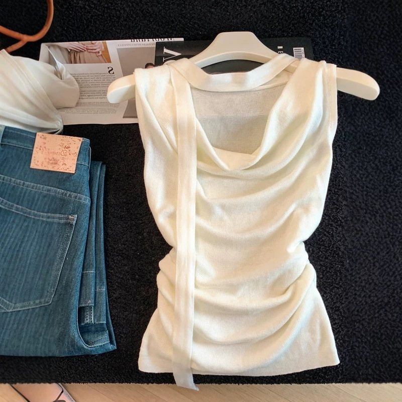 Summer Gentle Korean Style Ruffled Collar Pleated Sleeveless Knitted T-Shirt for Women, Slim Fit, Elegant, Sexy, and Flattering Top 11807 Summer Gentle Korean Style Ruffled Collar Pleated Sleeveless Knitted T-Shirt for Women, Slim Fit, Elegant, Sexy, and Flattering Top 11807