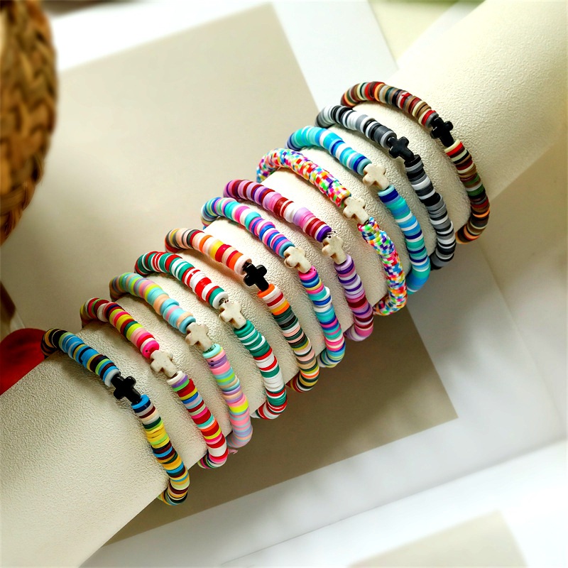 Amazon 6mm de color de cerámica suave cuentas elásticas cuentas pulseras cruz pulseras de regalos para hombres y mujeres