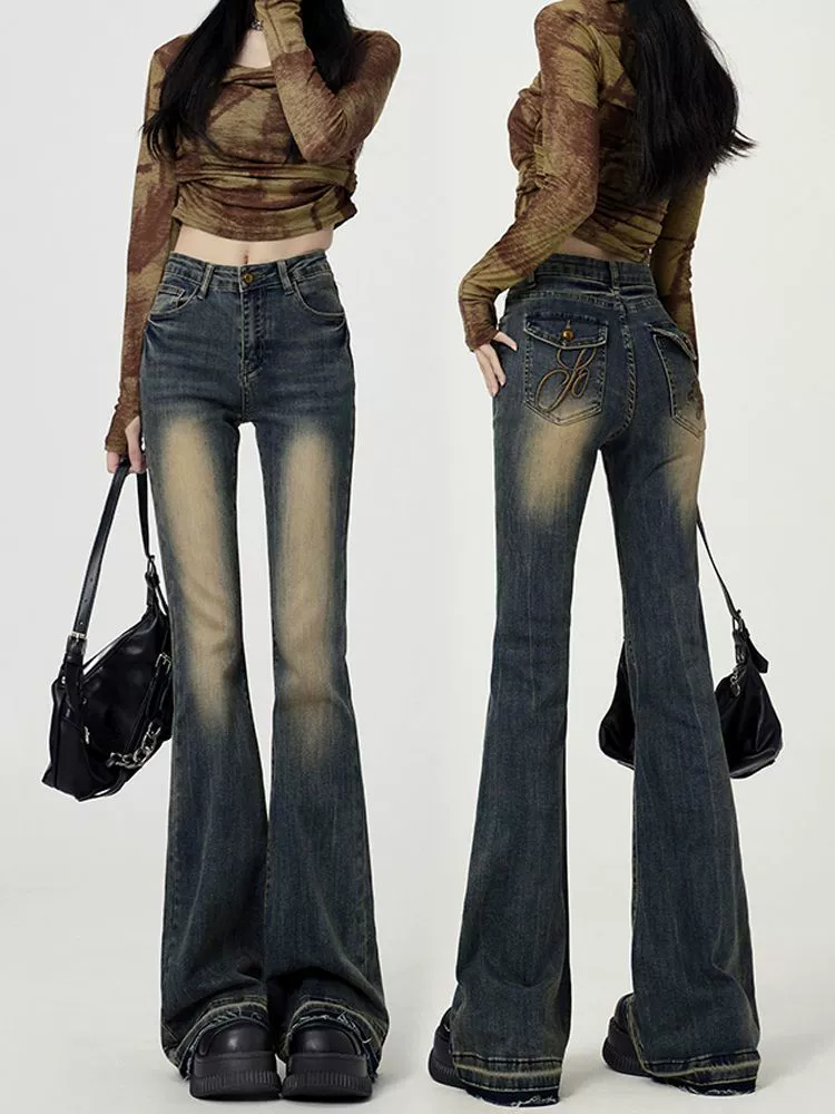 Расклешённые джинсы ретро, высокая талия, приталенный крой, большие размеры