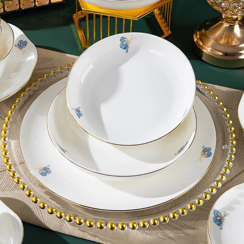 Ceramic Bowl Modern Light Luxury Butterfly Pattern Household Tableware Fresh Bowl and Plate Set High White Bone China Bowl and Plate Set Light Feather Design