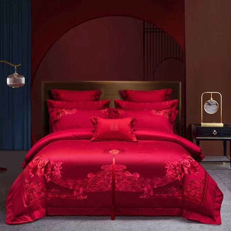 4A9O全棉婚庆四件套婚礼床上用品大红色结婚被套床单纯棉婚房套件