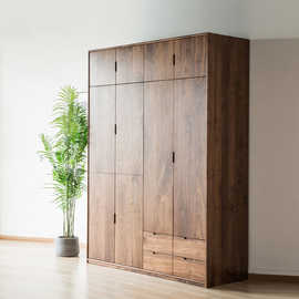 北欧全实木对开门衣柜禅意新中式日式现代简约轻奢型黑胡桃木衣柜