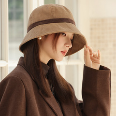 女性用の秋冬のファッショナブルな帽子、カジュアルで多用途なコーデュロイフィッシャーマンハット、レトロな暖かい盆地帽子、大きな頭囲、顔が小さく見える