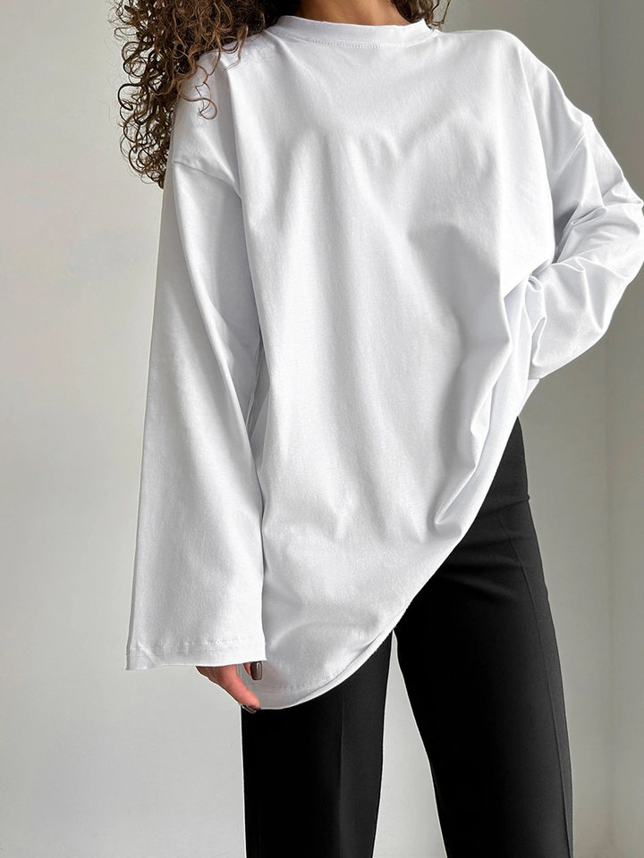 Áo thun nữ cotton 100% cổ tròn tay dài form rộng màu trơn — Màu cà phê, Màu hồng, Màu mơ, Màu trắng
