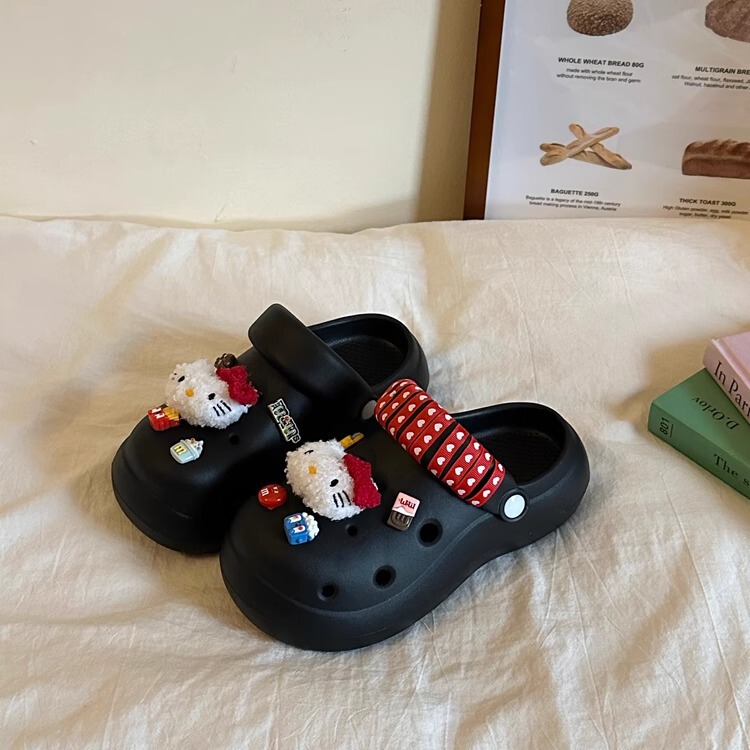 Cute Black Kitten Thick Bottom Baotou Slippers Women's 2025 Spring and Summer New Shoes with Shit All-match Hole Shoes