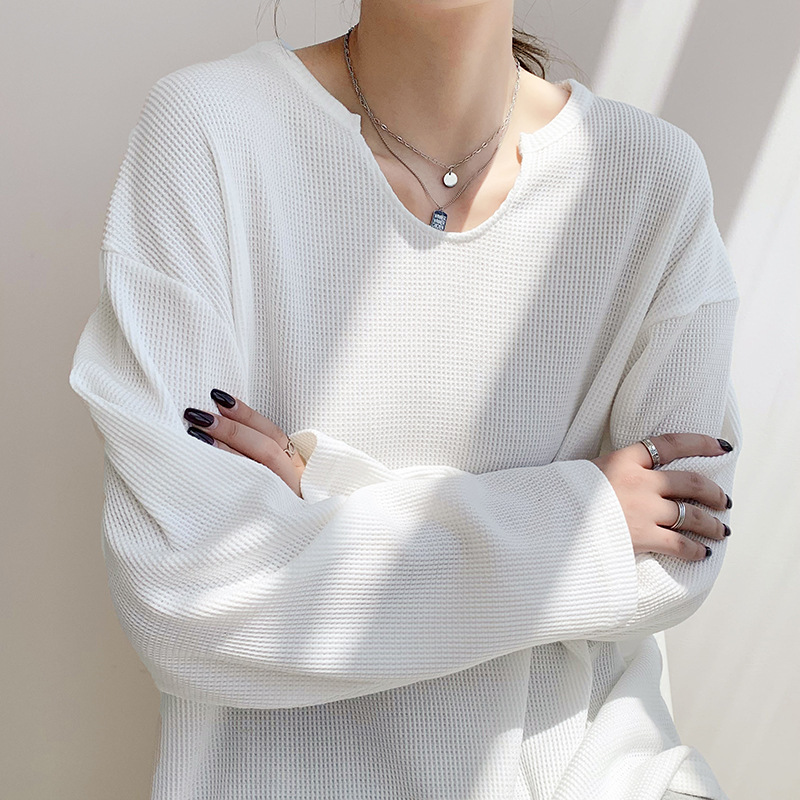 Autumn New Textured White Lazy Style Waffle Drop Collar Long-Sleeved T-Shirt Women's Pure Color Thin Top Autumn New Textured White Lazy Style Waffle Drop Collar Long-Sleeved T-Shirt Women's Pure Color Thin Top