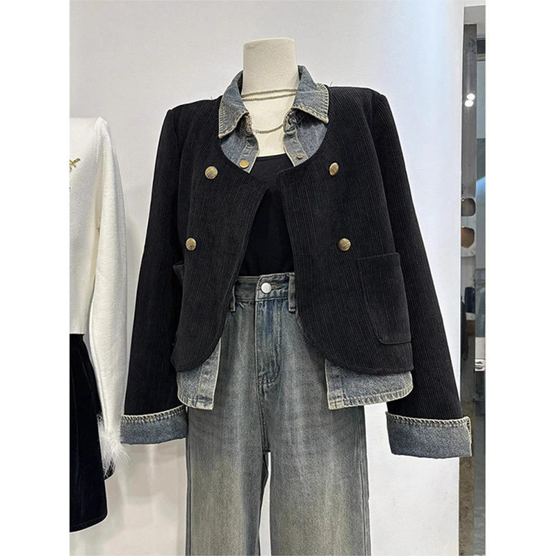 (2개) 2024 봄 새로운 한국 데님 스티칭 코듀로이 가짜 투피스 코트 외국 스타일 디자인 코트
