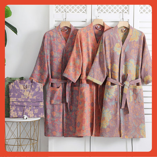 ☾ Pure Cotton Double-Layer Gauze Bathrobe Spring and Summer Thin Chinese Style Pajamas Home Clothes Nightgown Couple Style Water-Absorbent Quick-Drying Bath