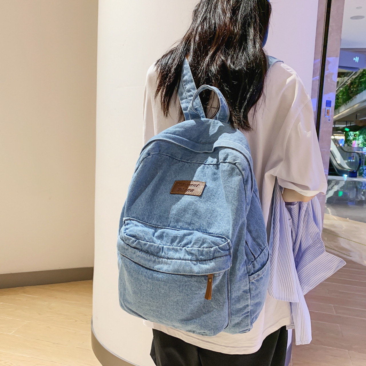 2024 New School Bag High School Fashion Large Capacity Durable Denim Korean Style Casual Men's and Women's Backpack for Junior High School Students