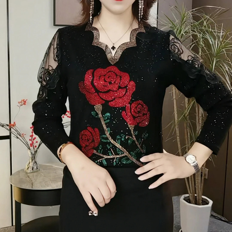 2025 Spring and Autumn Rhinestone Base Shirt. Lace with Rhinestones, Mulberry Silk, Other Long Sleeve, Mock Neck, Slim Fit, Elegant Style 2025 Spring and Autumn Rhinestone Base Shirt. Lace with Rhinestones, Mulberry Silk, Other Long Sleeve, Mock Neck, Slim Fit, Elegant Style