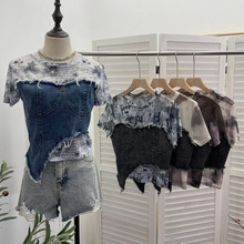 实拍 欧美时尚牛仔拼接晕染网纱短袖t恤女夏修身短款小上衣 26171