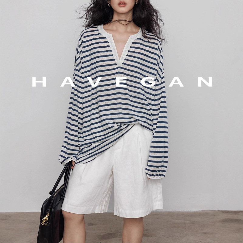 Havegan/Designed V-Neck Linen Stripesd Long-Sleeved T-Shirt for Women Summer Sun Protection Thin Holiday Style Top