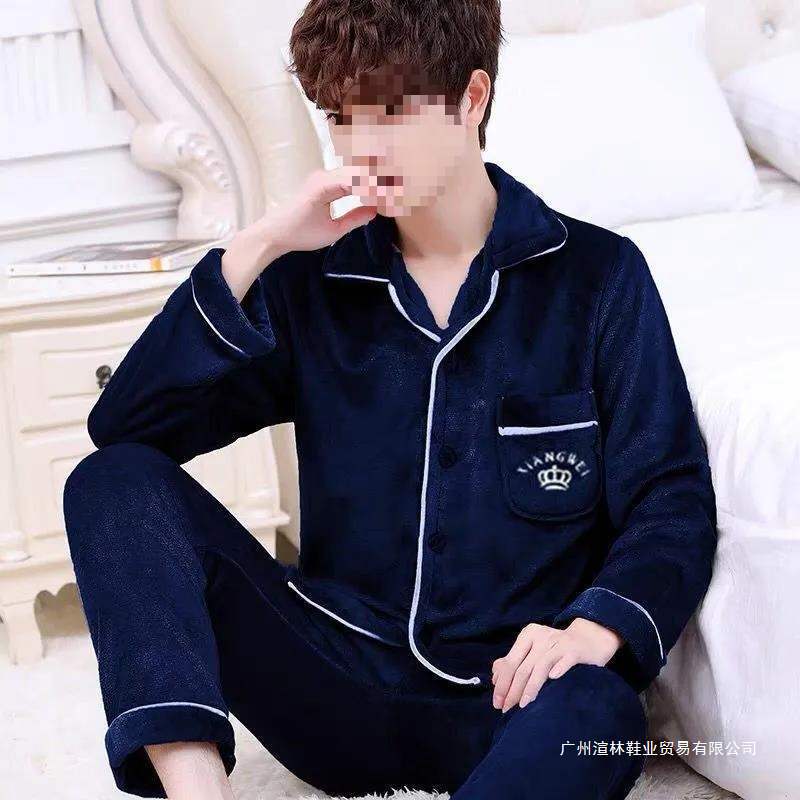 Pijama de hombre cuatro estaciones de flanel cuatro estaciones de coral de terciopelo conjunto de otoño y invierno juvenil calentamiento ropa de hogar grande