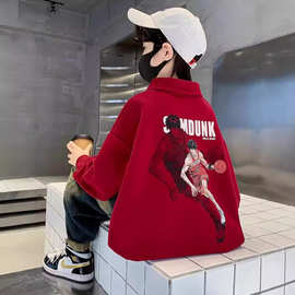 男童春秋冬季加绒卫衣2024新款儿童帅气炸街中大童宽松百搭POLO衫