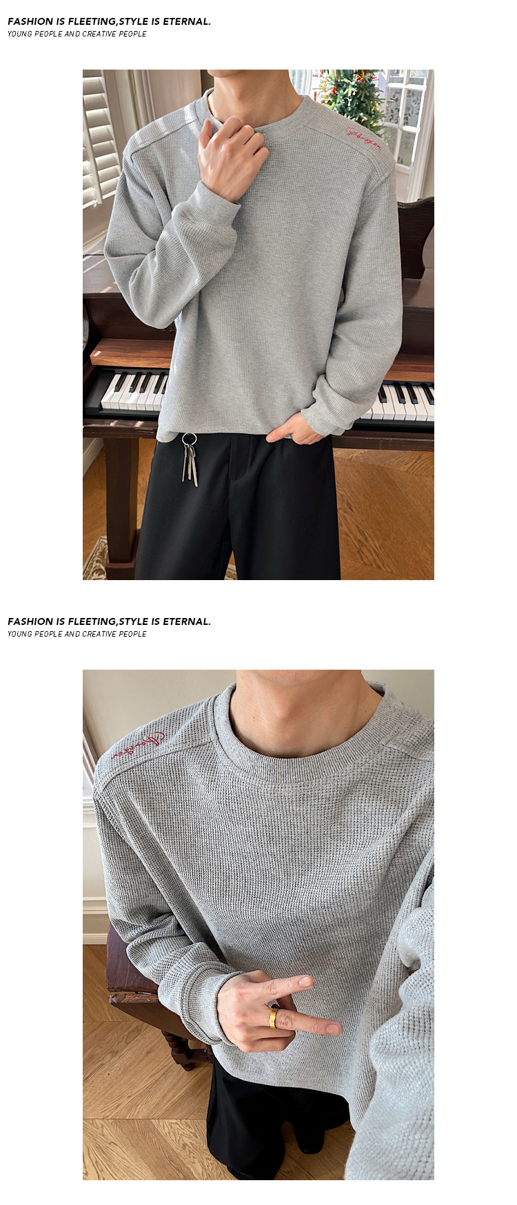 Men's Long-sleeve Waffle T-shirt With Embroidered Red Label Logo_voghion.com