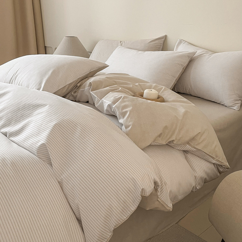 Housse de couette quatre pièces en pur coton, style japonais, motif à carreaux printemps 2025, drap-housse Nantong Bedding pour dortoir_voghion.com