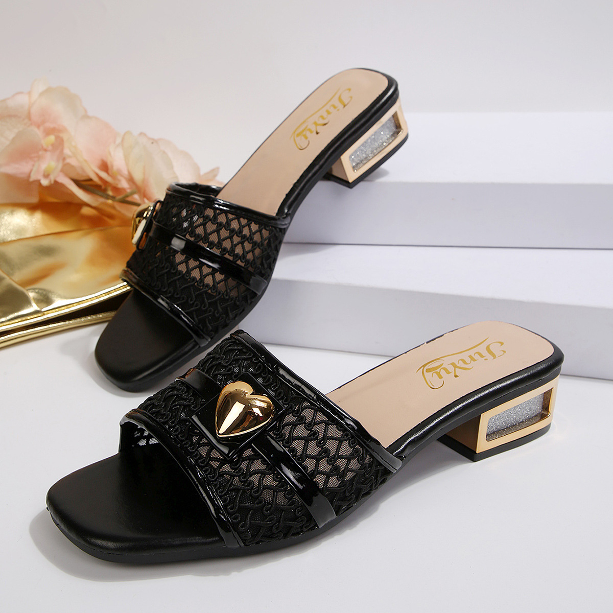 Sandalias de Tacón Alto para Mujer de Cuero Artificial con Puntera Cuadrada y Cadena Decorativa para Verano