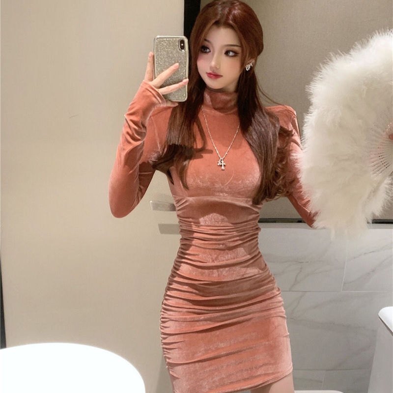 Korean style fashionable half turtleneck gold velvet dress women's autumn pure hot girl sexy tight inner hip skirt