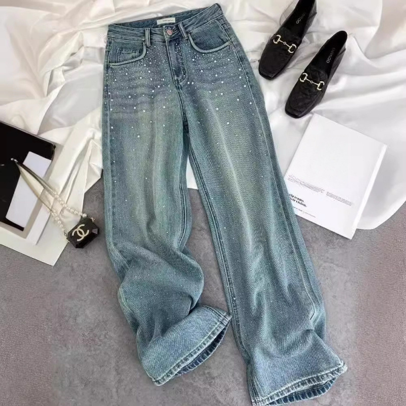 High-Waisted Loose Wide-Leg Soft Denim Jeans for Women, Silhouette Slimming Floor-Length Casual Pants, Stylish Rhinestone Straight-Leg Trousers