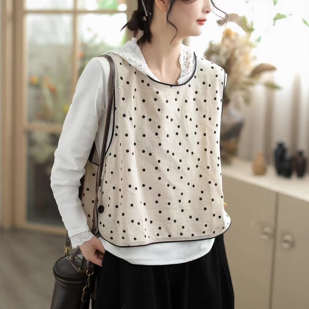 Summer Korean Style Loose Retro Cotton and Linen Polka Dot Printed Round Neck Side Button Pullover Vest Sleeveless Top for Women
