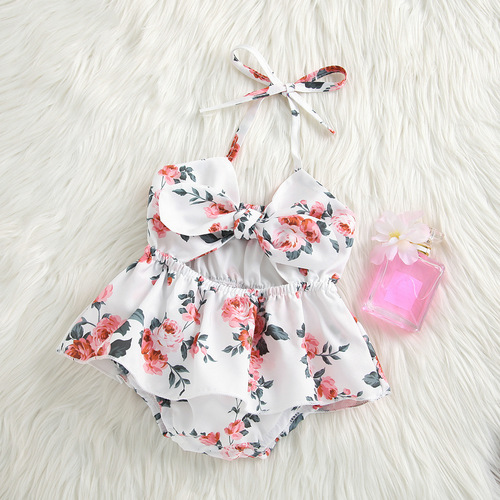  Cross-border Baby Girls' White Print Navel-Bearing Front-Bow Strap Dress GL2161