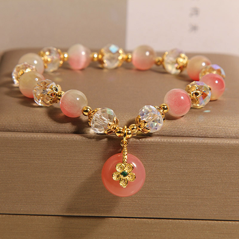 Nueva pulsera de ópalo rosa degradado de estilo chino para mujer, lujo ligero, nicho, sentido de alta gama, fuente de sal, colgante de seguridad de ágata, pulsera